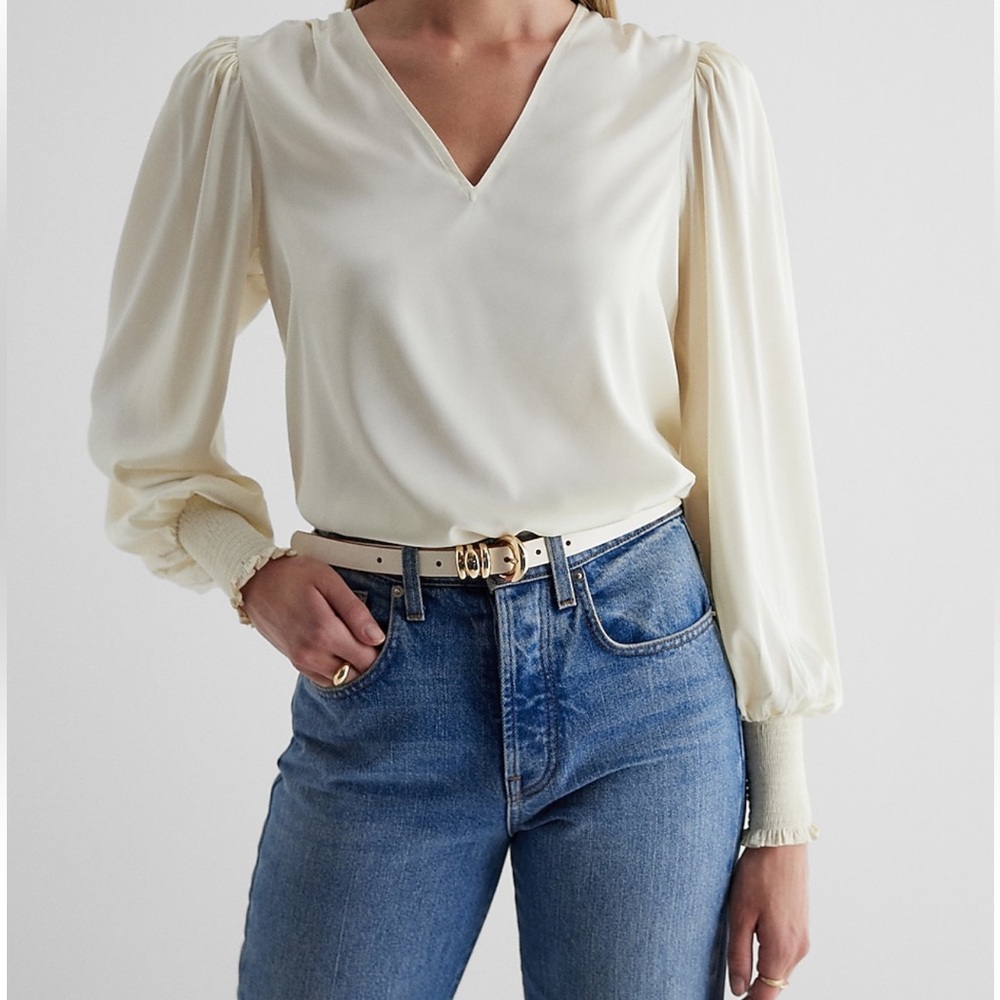 NWT Express olive green Satin Vneck long sleeve top